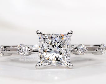 1.00Ct Princess Cut Lab Created Diamond Ring,Distance Pave,Square Engagement Ring,Wedding Ring For Her,Conflict Free Diamond,Rings For Women
