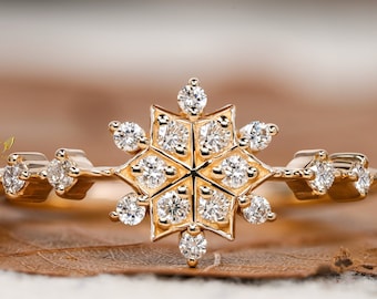 Natural Diamond Snowflake Ring,Minimalist Cluster Snowflake Ring,Snow Flower Ring,Dainty Snow Ring, Winter Ring,Christmas Gift Ring For Her,