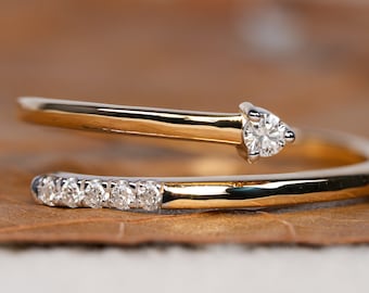 Round Lab Diamond Open Cuff Wedding Ring Thin Stacking Promise Ring Unique Open Band Ring 14K Solid Gold Adjustable Ring Minimalist Ring