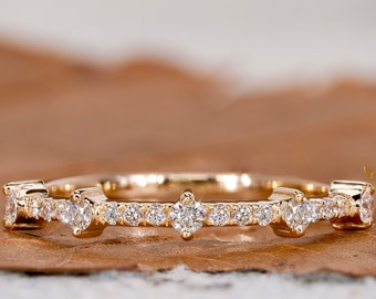 Anillo de diamantes naturales pavimentado alterno, alianza de boda de media eternidad, anillo de capas minimalista simple para mujeres, anillo de aniversario para esposa
