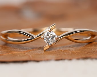 14k yellow Gold Celtic Style Solitaire Lab Diamond Engagement Ring Simple & Dainty Minimalist Ring Gold Stacking Ring Promise Ring For Her