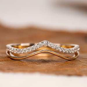 Split-Shank Wedding Ring Double V Shape Round Lab Diamond Band Half Eternity Engagement Band Stacking Band For Her 14K Yellow Gold Band Ring