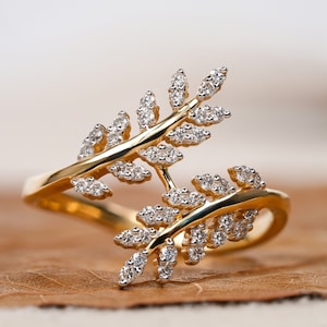 Natural Diamond Leaf Ring Olive Branch Engagement Ring Floral Thick Marriage Ring For Bridal  Nature Inspired Leafy Ring For Women Vine Ring