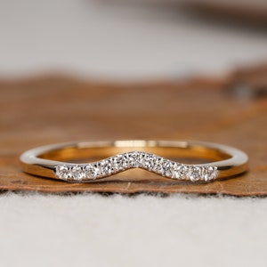 Natural Diamond Curved Ring 14k Yellow Gold Curved Wedding Band For Women Pave Set Tiny Diamond Stacking Ring Minimalist Band Ring For Her