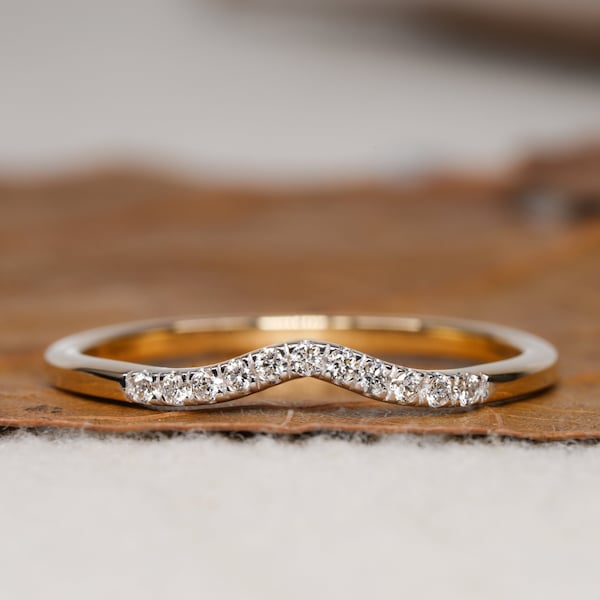 Lab Grown Diamond Curved Ring 14k Yellow Gold Curved Wedding Band For Women Pave Set Tiny Diamond Stacking Ring Minimalist Band Ring For Her