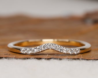 Lab Grown Diamond Curved Ring 14k Yellow Gold Curved Wedding Band For Women Pave Set Tiny Diamond Stacking Ring Minimalist Band Ring For Her