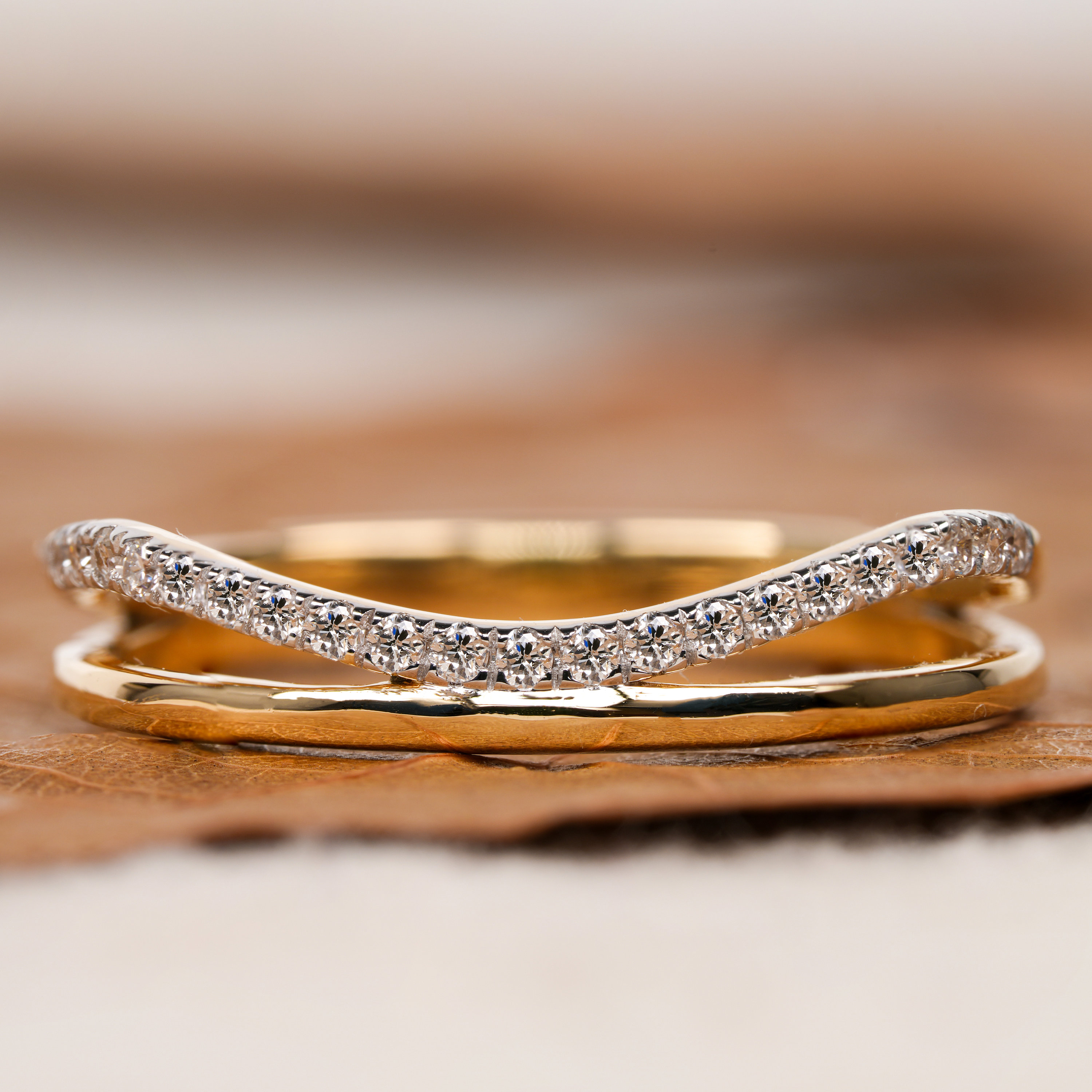 Half Eternity Double Band Ring Lab Diamond Wedding Band Unique style Bridal Ring Women Comfort Fit Flat Band in Yellow Gold Dainty Ring