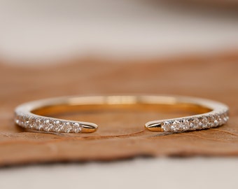 14k Pave Naturdiamant Offene Manschettenklaue Diamantring Einzigartige Offene Hochzeit Band Ring für Braut Dünnes Minimalistisches Stapelring Geschenk für Sie