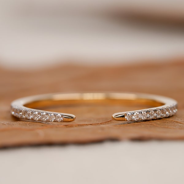 14k Pave Naturdiamant Offene Manschettenklaue Diamantring Einzigartige Offene Hochzeit Band Ring für Braut Dünnes Minimalistisches Stapelring Geschenk für Sie