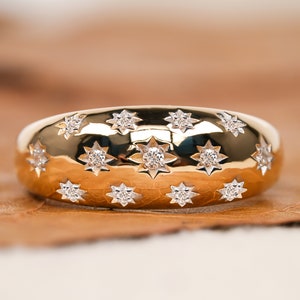 Pave Lab Diamond Celestial Ring Premium Diamond Star Dome Ring Solid Gold Starburst Dome Ring Minimalist Thick Band Star Ring For Women