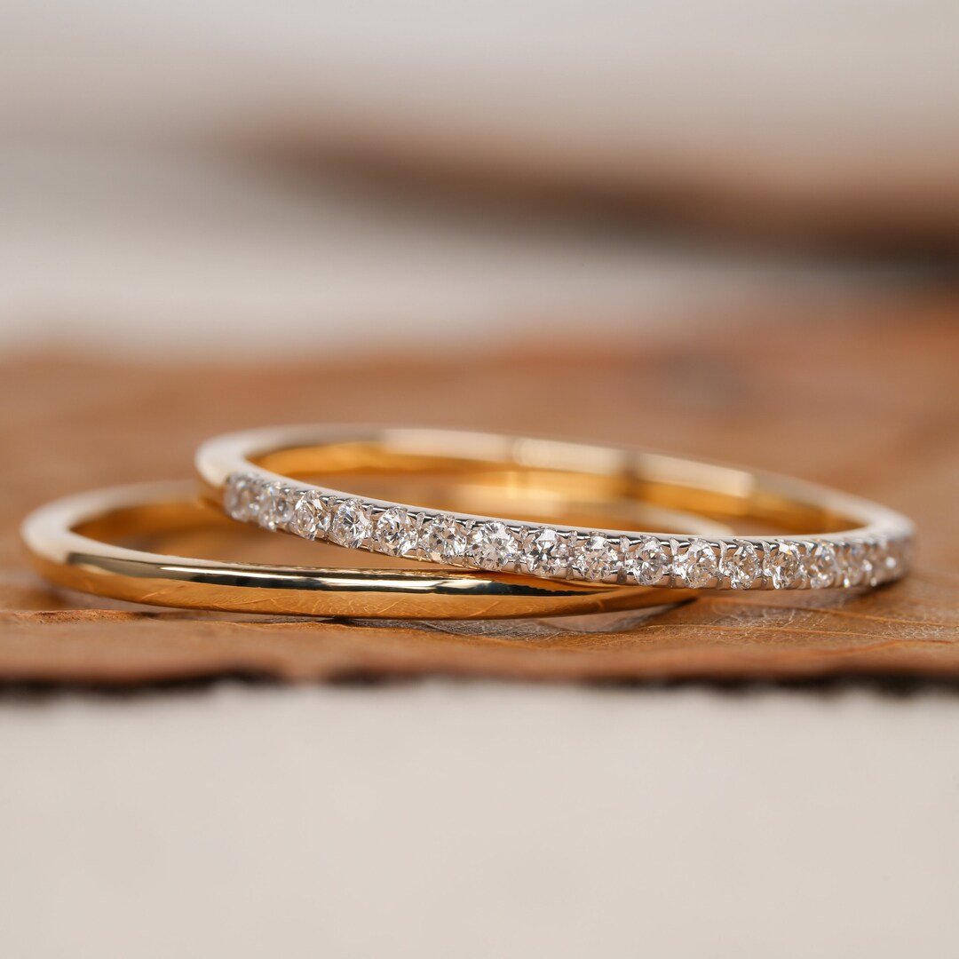 14K Simple Minimalist Wedding Ring Set Lab Grown Diamond Band Set for  Bridal Half Eternity Band Ring Set Small Band Set for Anniversary Gift 