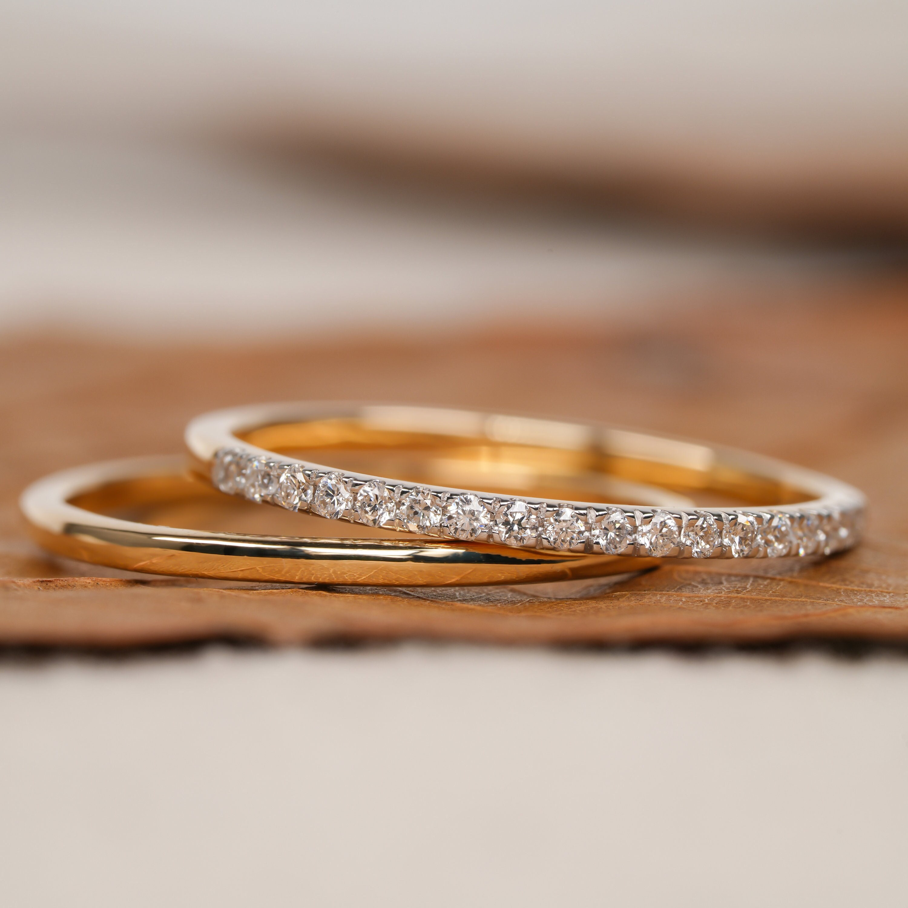 14K Simple Minimalist Wedding Ring Set Lab Grown Diamond Band Set For Bridal Half Eternity Band Ring Set Small Band Set For Anniversary Gift