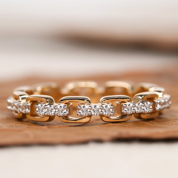 Lab Diamond Open Link Engagement Ring Pave Lab Grown Diamond Eternity Wedding Band Ring 14k Yellow Gold Minimalist Link Chain Ring For Women