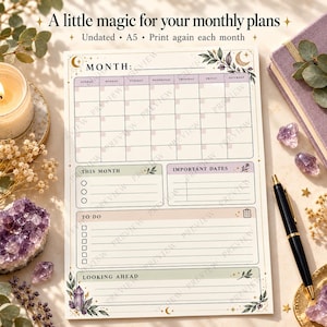 May include: An A5 undated monthly planner page featuring a calendar grid, sections for important dates, to-do lists, and looking ahead. The design includes celestial moon motifs, botanical illustrations, and soft pastel color accents with the text A little magic for your monthly plans.