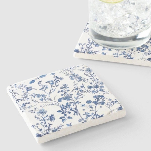 Limestone and Marble Stone Coasters Floral Toile De Jou Blue Wildflower Grand Millennial Home Decor Gift
