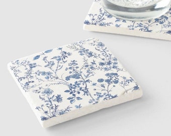 Limestone and Marble Stone Coasters Floral Toile De Jou Blue Wildflower Grand Millennial Home Decor Gift