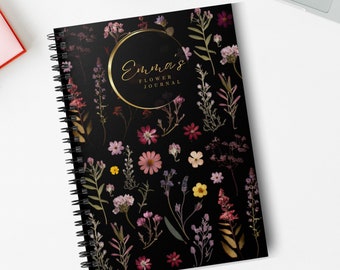 Vintage Floral Spiral Notebook Journal - Black, White, Off White Matte - Ruled Line