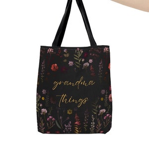 Personalized Canvas Tote Bag - Black Vintage Floral Wildflower Garden Cottagecore Collection