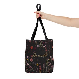 Personalized Canvas Tote Bag - Black Vintage Floral Wildflower Garden Collection