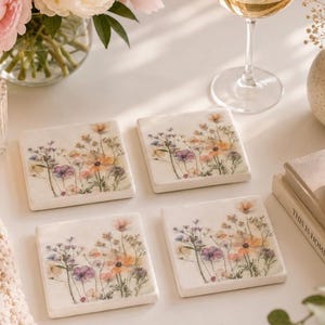 Juego de posavasos: Mármol, piedra, estilo bohemio, primavera, flores silvestres, decoración del hogar