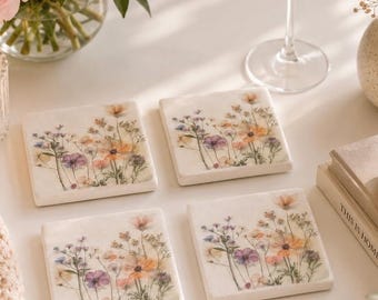 Coaster Set: Marble Stone Boho Spring Wildflower Home Decor