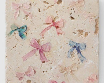 Travertine Stone Coaster: Pink Bow Decor, Cork Backed (4x4)