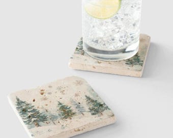 Christmas Decor Coaster Set Travertine Marble & Limestone Holiday Gift Set
