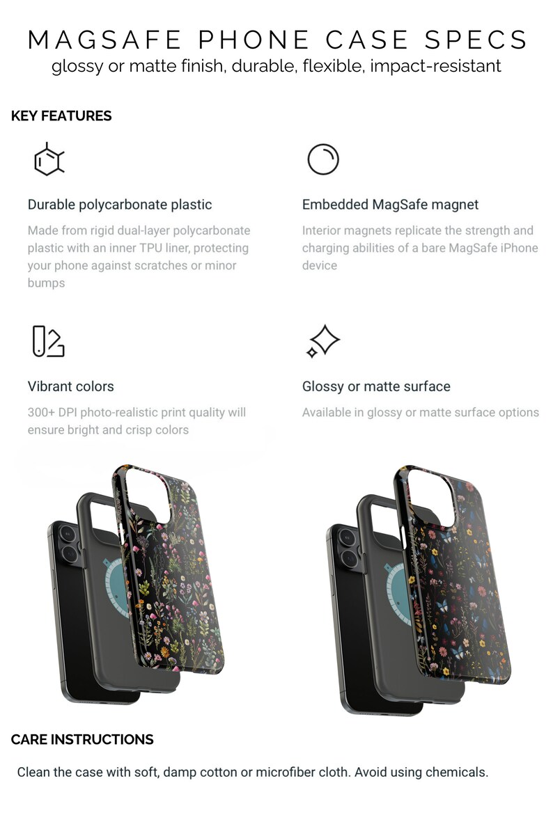 Pode incluir: Uma capa de telefone preta com estampa floral e um &iacute;m&atilde; MagSafe integrado. A capa est&aacute; dispon&iacute;vel em acabamentos brilhantes ou foscos.  "MAGSAFE PHONE CASE SPECS" e "KEY FEATURES" est&atilde;o escritos no topo da imagem.  "Durable polycarbonate plastic" e "Embedded MagSafe magnet" s&atilde;o listados como recursos principais.  "CARE INSTRUCTIONS" est&atilde;o listados na parte inferior da imagem.  "Limpe a capa com um pano de algod&atilde;o macio e &uacute;mido ou um pano de microfibra. Evite o uso de produtos qu&iacute;micos."