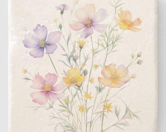 Stone Coaster: Floral Wildflower Limestone Marble Spring Decor