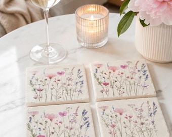 Stone Coaster Set: Boho Marble Travertine Limestone  Wildflower Decor for Home Wedding Party Bridal Baby Shower