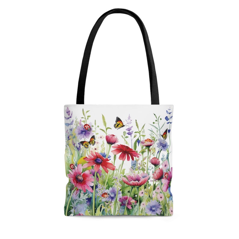 Floral Canvas Tote Bag Wildflower Garden With Ladybugs and Butterflies