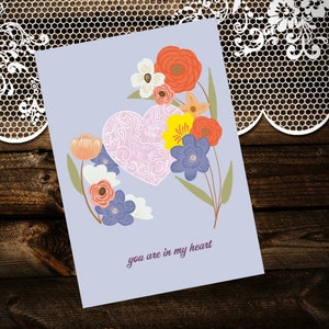 Grußkarte mit Herz | alle Gelegenheiten | wunderliche Blumenkarte | Florales Motiv mit süßer Herz-Spitze & passende Sticker