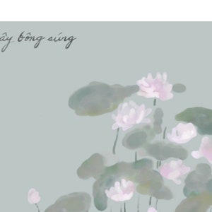 Notitiekaart afdrukbaar | Vietnamese kalligrafie | waterlelie lotusbloem kaart | emoties: rust, vrede, tevredenheid | thip ng