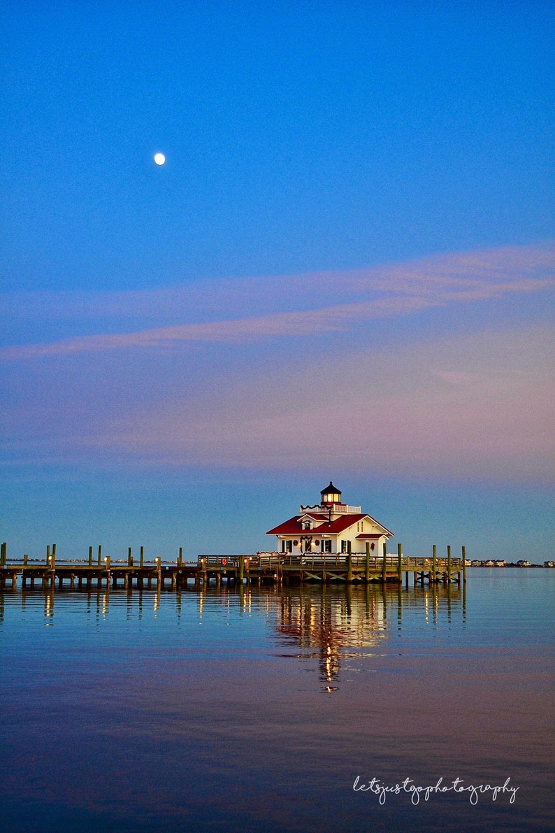 Moonrise Roanoke Marshes Lighthouse Outer Banks Sunset Photography Digital Photography image 1