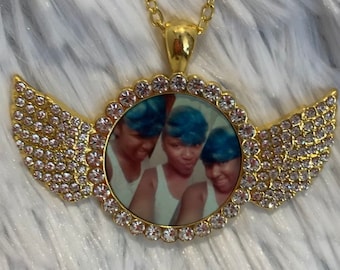 Personalized Angel Wings Pendant Photo Necklace in Silver or Gold Costume Jewelry with Rhinestones.  Great way to memorialize a loved one.