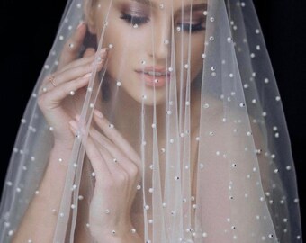 Pearl Veil with Blusher, Luxury Waltz Wedding Veil, Wedding Hair Accessories, Bridal Veils with Comb, Bachelorette Party Sparking Veil