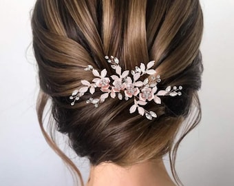Rose Gold Floral Wedding Hair Comb: Bridal Rhinestone Hair Accessories