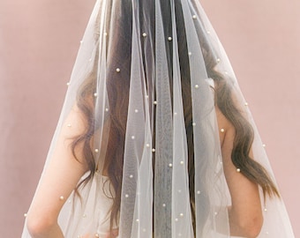 Pearl Veil with Blusher, Floor Wedding Veil with Comb, Wedding Hair Accessories for Bride