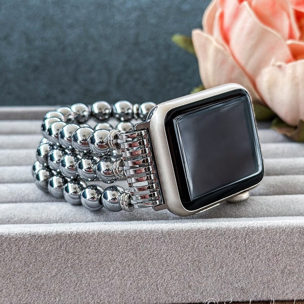 Natural Silver Hematite Beaded Bracelet for Apple Watch, Fashion Handmade Elastic Replacement Watch Strap for Man