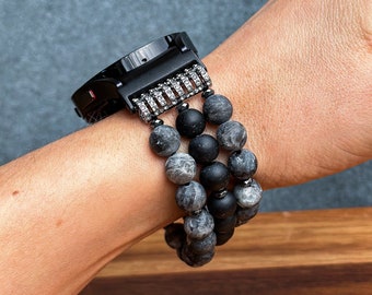 Beaded Band for Samsung Watch 20mm with Black Labradorite Stone, Replacement Natural Stone Watch Band, Galaxy Handmade Strap