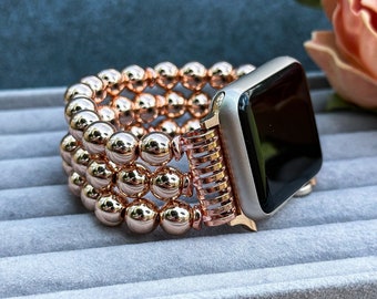 Rose Gold Hematite Beaded Bracelet for Apple Watch, Fashion Handmade Elastic Replacement Watch Strap for Man