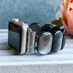 Silver Obsidian Apple Watch Band: Handmade Beaded iWatch Strap