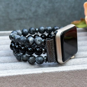 Black Labradorite Beaded Apple Watch Band: Handmade Elastic Strap