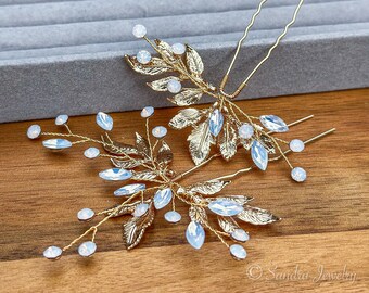 Set of 2 Bridal Gold Hair Pins with Blue Opal Crystals, Wedding Hair Piece, Bridal Crystal Hair Piece, Wedding Hair Accessories