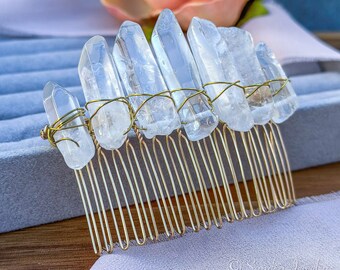 Stunning Bridal Hair Piece, Handmade Natural Crystal Gold Hair Comb, Crystal Stone Hairpiece, Wedding Hair Accessories for Bride