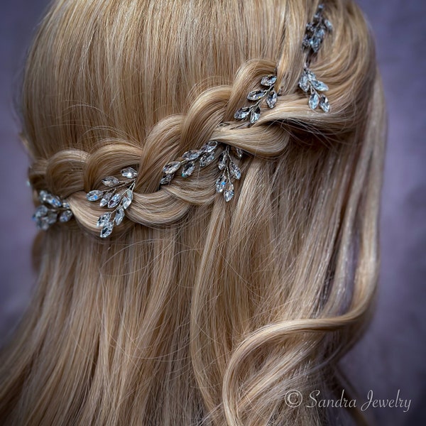 Clear Rhinestones Bridal Hair Vine, Blue Opal Crystals Wedding Hair Piece