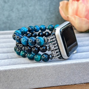 Blue Tiger Eye Apple Watch Band: Black Onyx Beaded Strap