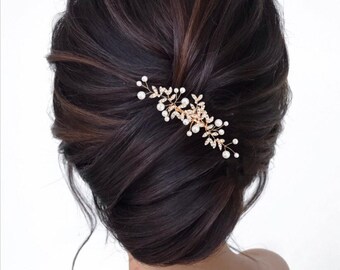 Wedding Pearl Hair Comb for Bride, Bridal Floral and Leaf Hair Comb in Silver, Gold and Rose Gold