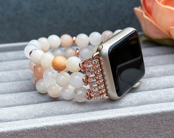 Champagne Handmade Strap for Apple Watch, Polished Pink Aventurine Bracelet  for IWatch, Natural Stone Replacement Band