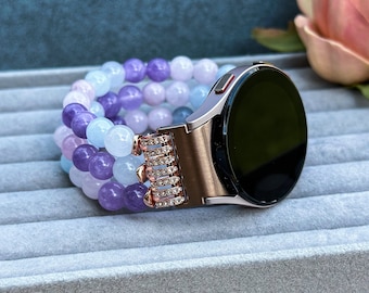 Purple, Pink, and Blue Morganite Beaded Band for Samsung Watch 20mm, Natural Stone Replacement Bracelet, Galaxy Handmade Strap